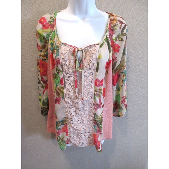 Meadow Rue Tops - Meadow Rue Anthropologie Key-Hole Peasant Blouse Beige w/Multicolor Floral Sz S